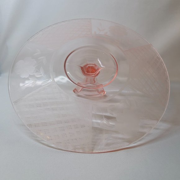 McKee Vintage Pink Center Handle Tidbit Server #151 Diamond Lattice Floral Etch - Picture 10 of 10